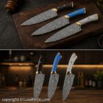 چاقوی سرآشپزی حرفه ای با تیغه استیل طرح دمشقی دسته سنگ مصنوعی ( برند اورجینال استاد منفرد حک شده روی تیغه  ) - Image 2