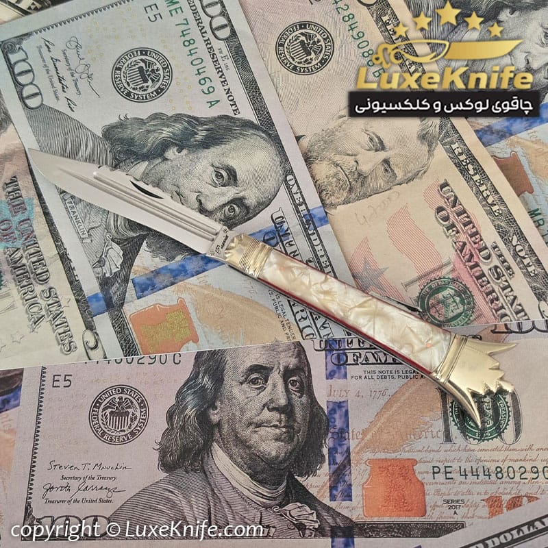 چاقوی هنری کلکسیونی استاد پرویز علیخانی طرح تاج سایز بزرگ کد LUX65 ( دسته باغه آلمانی کهنه )